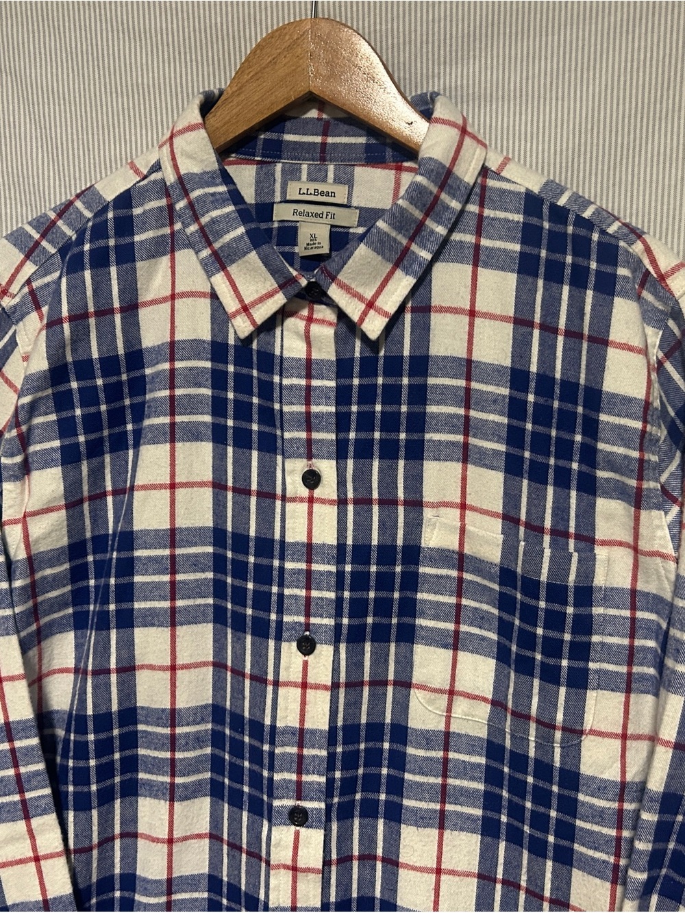 L.L. Bean Women’s Blue, White and Red Plaid Button-Down Flannel Shirt